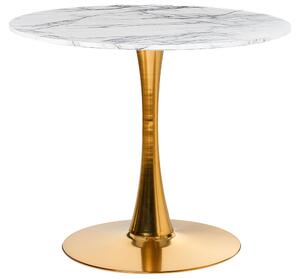 BELIANI - Tavolo da pranzo rotondo, effetto marmo bianco e dettagli dorati. Diametro 90 cm. Piano in MDF, base in metallo. Posti a sedere: 4. Design industriale
