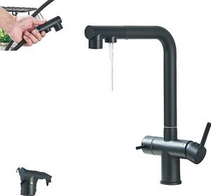 Rubinetto da cucina ad acqua filtrata, doppia maniglia, rotazione di 360°, doccetta estraibile, nero opaco