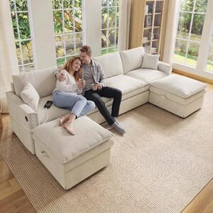 Divano angolare modulare a forma di "U" o "L", dimensioni 277x135x80 cm, color beige, rivestito in tessuto di cotone e lino, con 2 poggiapiedi removibili, spazio contenitivo e porte USB/Type-C