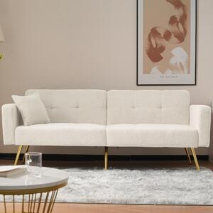 Divano letto con funzione letto, dimensioni 175x64x72 cm, due posti, colore bianco, schienale regolabile, gambe dorate, con tasche laterali