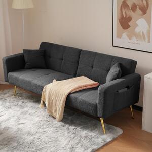 Divano letto con funzione letto, dimensioni 175x64x72 cm, due posti, colore grigio scuro, rivestimento in tessuto tipo sherpa, schienale regolabile a 105°/138°/180°, con tasche laterali
