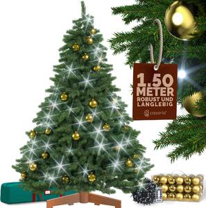 CASARIA® Albero di Natale Premium 150 cm Realistico Set con Palline di Natale 54 Pz. Oro 20m Lucine Bianco Freddo Supporto in Legno Certificato FSC®