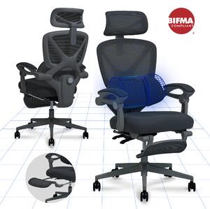 Sedia da ufficio ergonomica FLEXISPOT con poggiatesta 3D, supporto lombare regolabile, funzione dondolo 90-135°, braccioli di collegamento, poggiapiedi, 136 kg nero