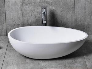 Lavabo da appoggio TWA65 - Materiale composito minerale - Bianco - Forma ovale - 60 x 35 x 16 cm, Colore: Bianco opaco, Kit di scarico selezionabile: Con kit di scarico, Copertura aggiuntiva per il kit di scarico: Con copertura aggiuntiva in bianco