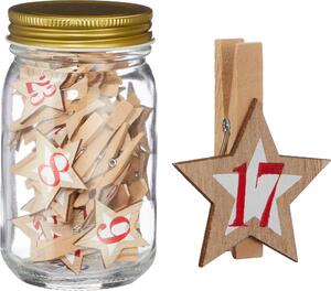 Calendario dell'Avvento in barattolo di vetro 7,5x13 cm con mollette in legno, stella in legno e numeri in legno (25 pezzi) - Calendario dell'Avvento con mollette da bucato e tappo a vite