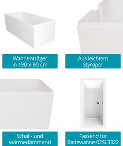 Supporto per vasca da bagno Calmwaters® 190 x 90 cm Modern Square 2, adatto per vasche da bagno rettangolari 190x90 cm, supporto in polistirolo, isolante acustico e termico, piastrellabile direttamente, supporto per vasca da bagno bianco, 03AX3358
