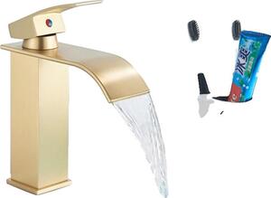 Rubinetto per lavabo, bocca a cascata, comando monocomando, oro spazzolato corto