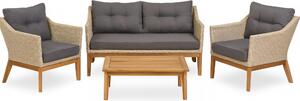 Set da salotto Endorphin Larissa, 4 pezzi: 2 poltrone, 1 divano, 1 tavolino; polyrattan in acacia effetto teak; mobili da giardino; set da giardino