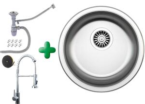 [Lavello in acciaio inox Ø 42 cm + rubinetto a spirale] Lavello da cucina di alta qualità, installabile su entrambi i lati Lavello rotondo da incasso in acciaio inox Lavello in acciaio inox per basi da 45 cm incl. set di sifoni