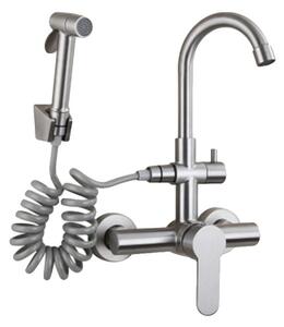 Rubinetto da cucina, struttura in acciaio inox, doccetta orientabile, giallo