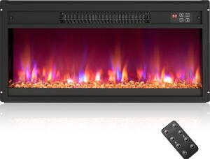 Caminetto elettrico COSTWAY 1500W con riscaldamento, termostato 17-32℃ Caminetto da incasso a parete con telecomando, timer, effetto fiamma 3D regolabile 68,3x11,7x34cm
