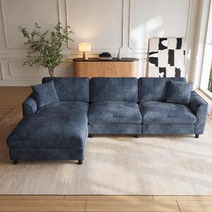 Divano angolare 256x137x79 cm, colore blu navy, 3 posti, con superficie trasformabile in letto e cuscini removibili, divano in tessuto chenille, ideale per il soggiorno
