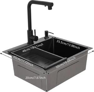 Lavello da cucina - Vasca singola - Acciaio inossidabile - Con rubinetto - 2 fori - Per mobili sottolavello da 45 cm - Con cestello e griglia scolapiatti - Nero