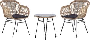 BELIANI Set da balcone, rattan naturale, 2 poltrone, tavolo rotondo, vetro di sicurezza, struttura in acciaio nero, terrazza, balcone, giardino, Boho