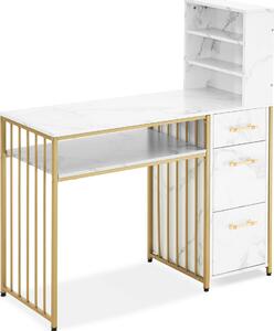 M MCombo scrivania con 3 cassetti, tavolo per unghie in legno con struttura in metallo, tavolo per manicure in marmo-bianco oro, toletta senza specchio moderna, scrivania per computer con scaffale da soggiorno, 43x108x125cm, 2420