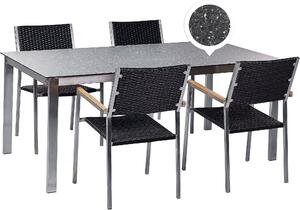BELIANI Set da pranzo da giardino Piano del tavolo in granito nero Telaio in acciaio inox in vetro Set di 4 sedie Sedute in rattan PE Stile moderno per esterni