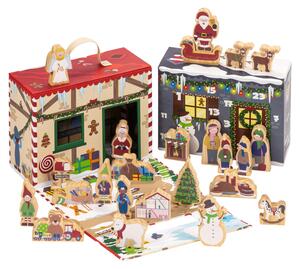 Calendario dell'Avvento yoamo Wichtelwerkstatt con scatola di giochi per bambini, contenente figure in legno di alta qualità, in una custodia di conservazione, 27 pezzi (1 set)
