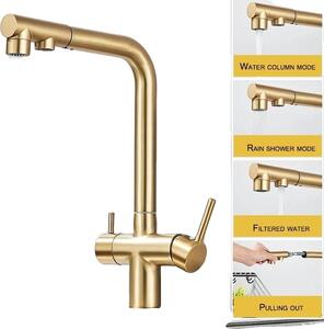 Rubinetto da cucina estraibile, doppia maniglia, molteplici modalità d'acqua, finitura oro spazzolato