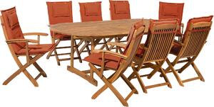 BELIANI Set di mobili da giardino in tessuto marrone chiaro rosso e legno di acacia 8 posti inclusi i cuscini terrazzo esterno moderno casa di campagna