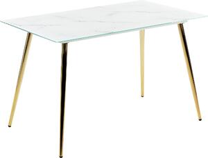 BELIANI - Tavolo da pranzo con effetto marmo, piano in vetro temperato dorato e gambe in metallo, superficie lucida, forma rettangolare, dimensioni 120 x 70 cm