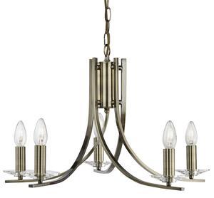 Lampadario Industrial-Nordico Ascona Acciaio Ottone Vetro 5 Luci E14