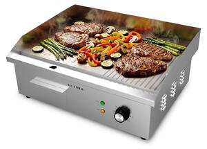 Griglia elettrica KLAMER in acciaio inossidabile da 3000 W, piastra XL 54,5 x 38,5 cm, griglia da tavolo elettrica 50–300 °C, piastra in ghisa, paraspruzzi, vaschetta di raccolta, per balconi e ristorazione
