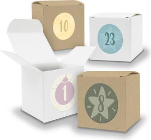 Calendario dell'Avvento da riempire, 24 cubetti da 6,5 cm, assortiti BIANCO MARRONE + adesivi V06 Z17