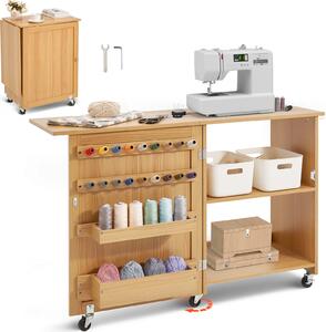 VEVOR Tavolo da cucito pieghevole, tavolo multifunzionale per macchine da cucire con rotelle, ripiani, vani portaoggetti, tasselli in legno e porta magnetica, colore legno per macchine da cucire