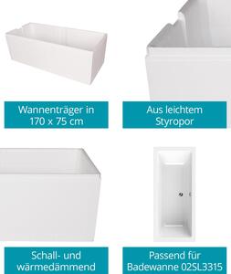 Supporto per vasca da bagno Calmwaters® 170 x 75 cm Modern Select, adatto per vasche da bagno rettangolari 170x75 cm, supporto in polistirolo, isolante acustico e termico, piastrellabile direttamente, supporto per vasca da bagno bianco, 03AX4970