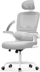 Sedia da ufficio ergonomica - Sedia da scrivania con poggiatesta regolabile - Bracciolo elastico supporto lombare regolabile in altezza - Sedia girevole con schienale in rete traspirante - Grigio e bianco