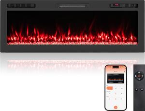 Caminetto elettrico COSTWAY 50" con riscaldamento 750W/1500W, camino da incasso a parete con telecomando/app di controllo WiFi, 12 colori di fiamma e timer 127x10x46cm