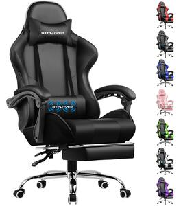 Sedia da gioco GTPLAYER Sedia da scrivania, sedia da ufficio ergonomica con funzione massaggio e poggiapiedi, collegamento con maniglia, base in acciaio, nero