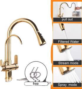 Rubinetto da cucina, design a doppia maniglia, funzione spray estraibile, oro