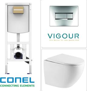 WC sospeso con scarico Tornado, sedile WC SoftClose ed elemento a parete CONEL con placca di comando VIGOUR TEES, cromato