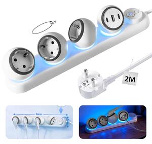 Multipresa a 3 prese ruotabile a 360°, con 3 porte USB (2 USB-C + 1 USB-A), interruttore e luce d'atmosfera a LED, montaggio a parete, multipresa con protezione da sovratensione
