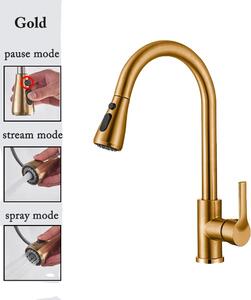Rubinetto da cucina estraibile, modalità di spruzzo versatili, struttura in acciaio inox, cf04043-ORO