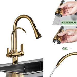 Rubinetto da cucina antico, design estraibile, doppia maniglia, oro
