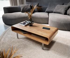 Tavolino DELIFE modello Anaya, 100x50 cm, legno di acacia naturale, 1 ripiano, base a forma di "L" in acciaio inossidabile