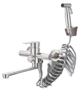 Rubinetto da cucina a parete in acciaio inox, design a doppio supporto, acqua calda e fredda, nichel
