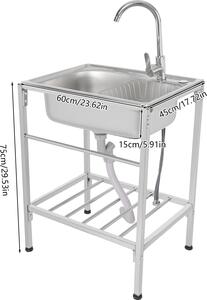 Lavello in acciaio inox, design a vasca singola, rubinetto per acqua calda e fredda, argento