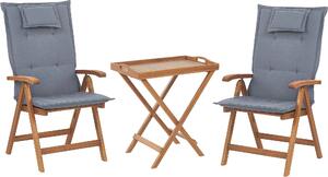 BELIANI Set da balcone in legno di acacia marrone chiaro, 2 posti, pieghevole, con supporti regolabili, cuscino blu, tavolo rettangolare, stile rustico
