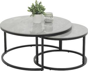 Set di 2 tavolini Luis-round piano in vera pietra effetto marmo struttura in metallo nero lucido, Ø80+60cm