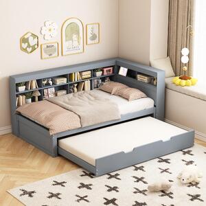 Letto a giorno MODFU 90 x 200 con letto estraibile 90 x 190, divano letto con porta USB, struttura letto per ragazzi con spazio contenitivo, senza materasso, colore grigio