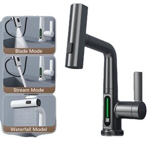 Miscelatore per lavabo, display digitale induttivo, struttura in acciaio inox, grigio canna di fucile