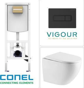 WC sospeso con scarico Tornado, sedile WC SoftClose ed elemento a parete CONEL con placca di comando VIGOUR TEES, nero opaco