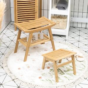 Costway Set sgabello di bambù per doccia e poggiapiedi, Sgabello doccia con ripiano sottostante per bagno Naturale