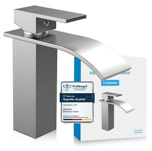 Miscelatore per bagno Tamina - acciaio inox spazzolato | Miscelatore per bagno a cascata dal design classico - rubinetto per lavabo da appoggio