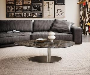 DELIFE Tavolino da divano Edge, design organico, 140x76 cm, piano in Vetroceramica Emperador extra lucida, marrone scuro, struttura in acciaio inossidabile spazzolato