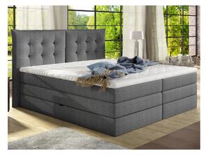 Set letto boxspring con testata + base del letto con contenitore + materasso + topper PLAISIR di PALACIO - tessuto grigio - 160 x 200 cm