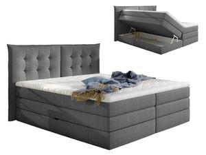 Set letto boxspring con testata + base del letto con contenitore + materasso + topper PLAISIR di PALACIO - tessuto grigio - 180 x 200 cm